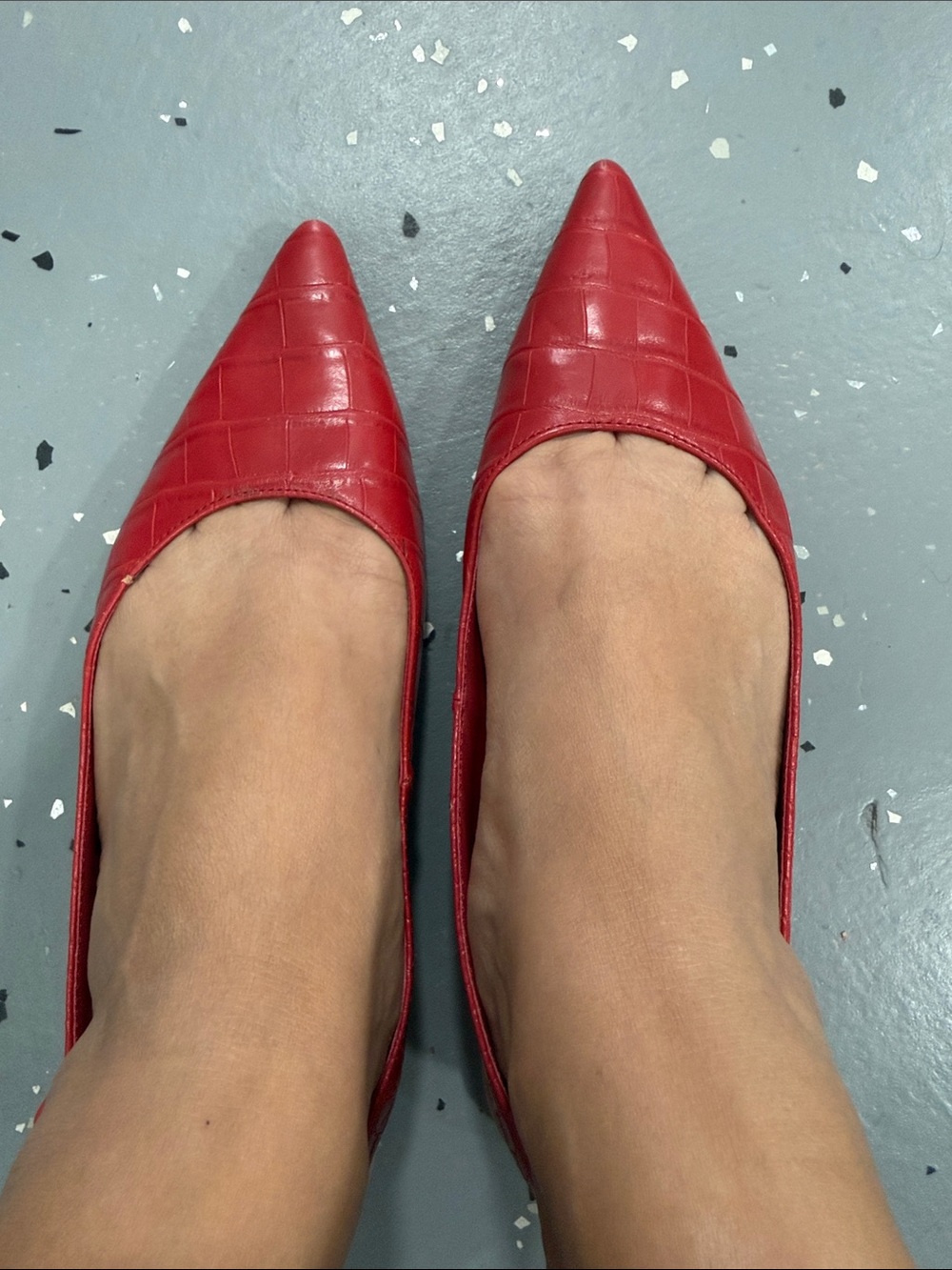 Zara Red Croc-Embossed Pointed-Toe Flats